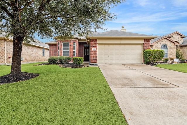 single story home featuring a garage and a front yard