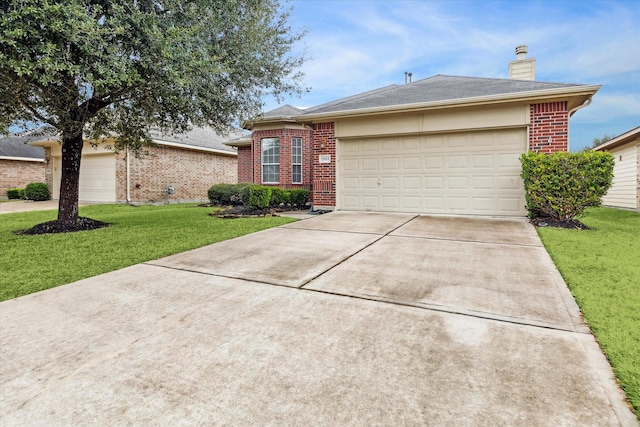 single story home with a garage and a front yard