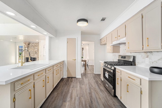 kitchen with sink, stainless steel gas range oven, wood-type flooring, ornamental molding, and backsplash