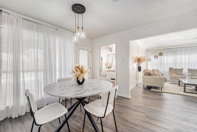 dining space with hardwood / wood-style floors