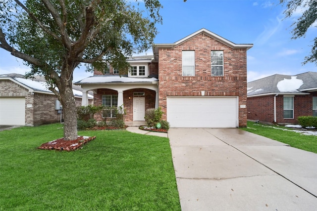 front facade featuring a garage, covered porch, and a front lawn