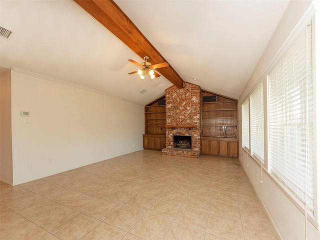 unfurnished living room featuring a fireplace, vaulted ceiling with beams, light tile patterned floors, ceiling fan, and built in shelves