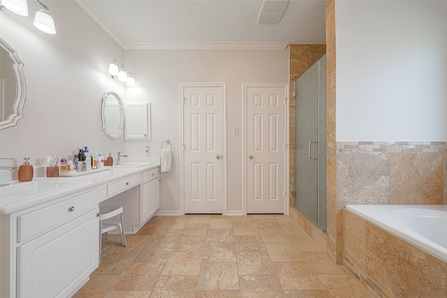 bathroom featuring ornamental molding, shower with separate bathtub, and vanity