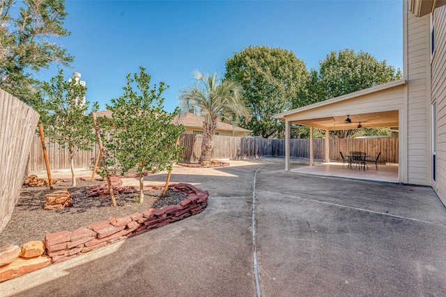 view of yard featuring ceiling fan and a patio area