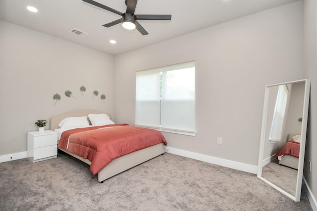 bedroom featuring ceiling fan and carpet floors