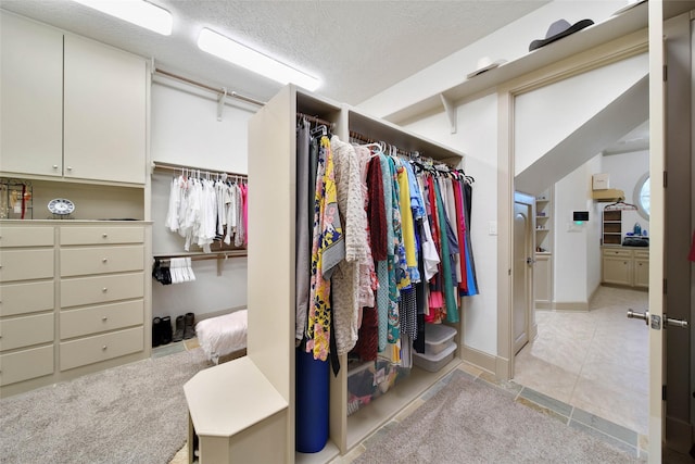 spacious closet featuring light carpet