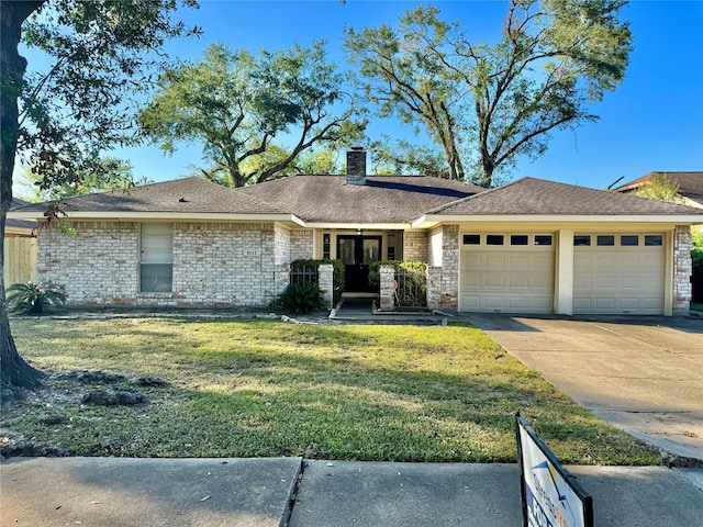 single story home featuring a garage and a front lawn