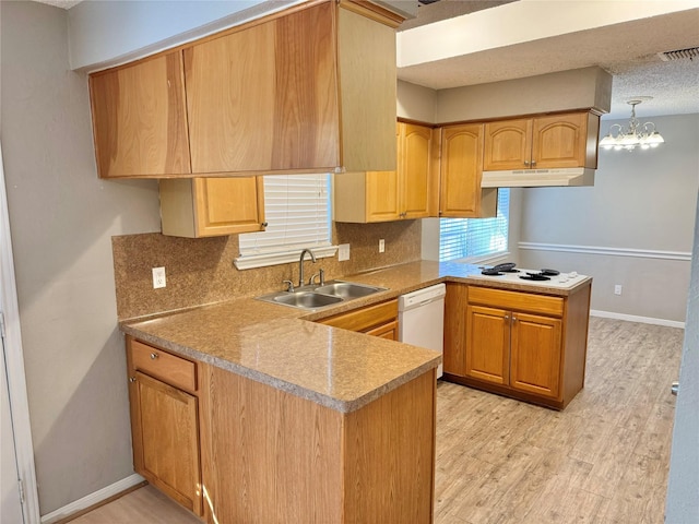 kitchen with sink, hanging light fixtures, kitchen peninsula, white appliances, and decorative backsplash