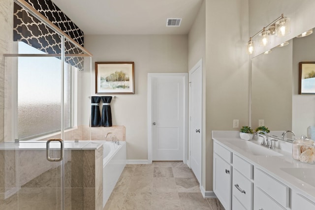 bathroom with shower with separate bathtub and vanity