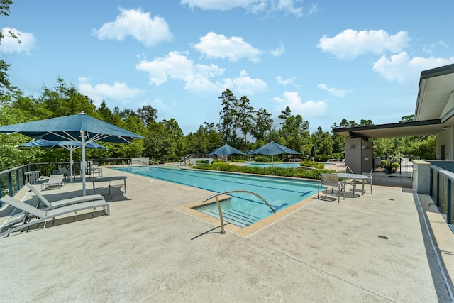 view of swimming pool featuring a patio