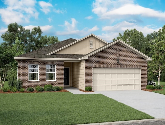 ranch-style home featuring a garage and a front lawn