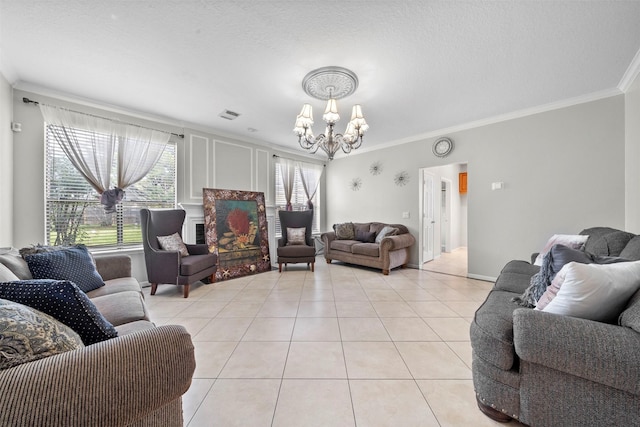 living room with light tile patterned floors, crown molding, plenty of natural light, and a chandelier