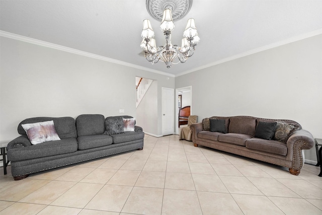 living room featuring crown molding, a chandelier, and light tile patterned floors