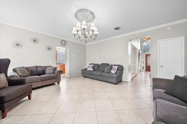 tiled living room with crown molding and an inviting chandelier