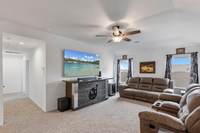 living room featuring light colored carpet and ceiling fan