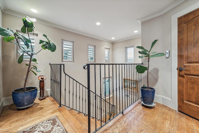 corridor featuring ornamental molding and light hardwood / wood-style floors