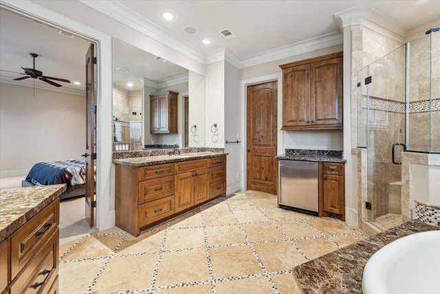 bathroom with independent shower and bath, crown molding, vanity, and ceiling fan