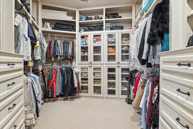 spacious closet featuring light colored carpet