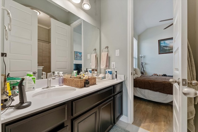 bathroom with vaulted ceiling, vanity, hardwood / wood-style floors, and french doors