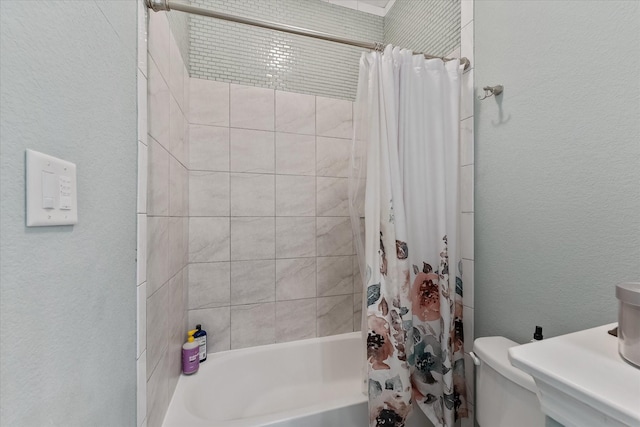 bathroom featuring toilet and shower / bathtub combination with curtain