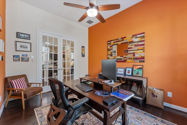 office area with french doors, ceiling fan, and dark wood-type flooring