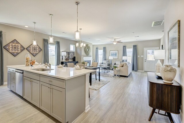 kitchen featuring sink, a breakfast bar, dishwasher, ceiling fan, and a kitchen island with sink