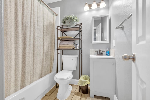 full bathroom with shower / tub combo with curtain, vanity, toilet, and wood-type flooring