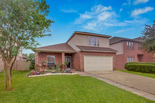 front facade with a garage and a front lawn