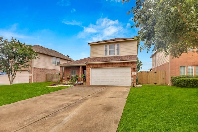 view of front of property featuring a garage and a front lawn