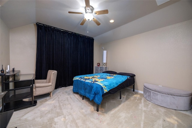 bedroom featuring ceiling fan, lofted ceiling, and carpet