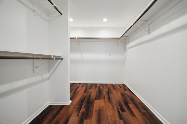 walk in closet with dark wood-type flooring