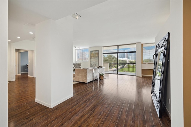 hallway featuring floor to ceiling windows and dark hardwood / wood-style floors