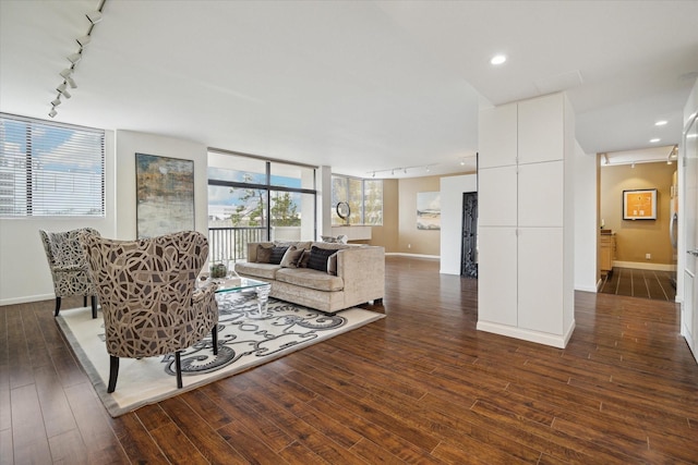 living room with dark hardwood / wood-style floors and rail lighting