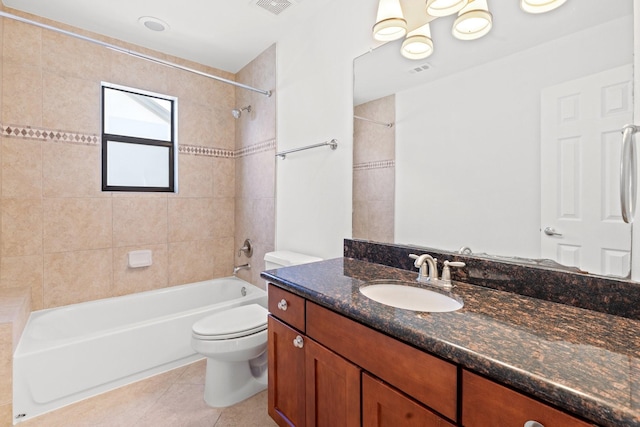 full bath featuring tile patterned floors, vanity,  shower combination, toilet, and visible vents