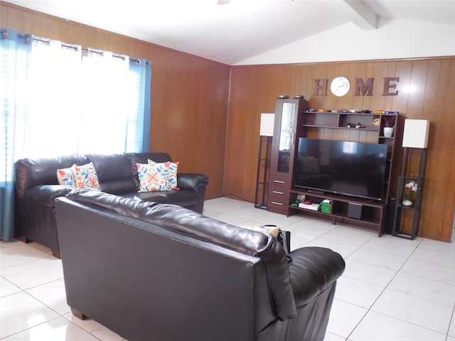 tiled living room featuring wooden walls and lofted ceiling with beams