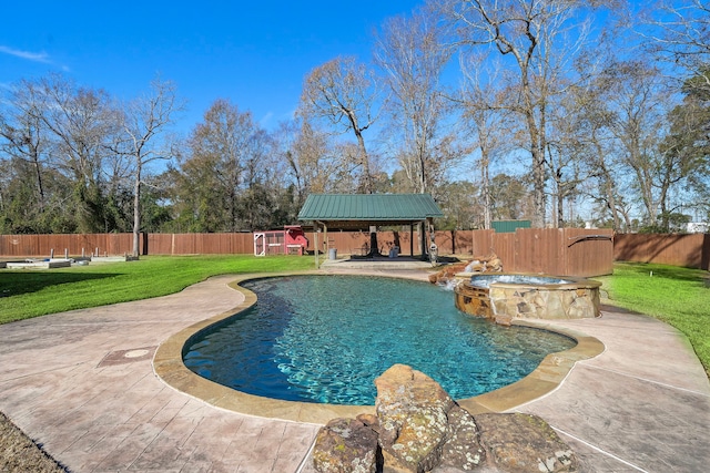 view of swimming pool featuring a gazebo, a yard, an in ground hot tub, and a patio