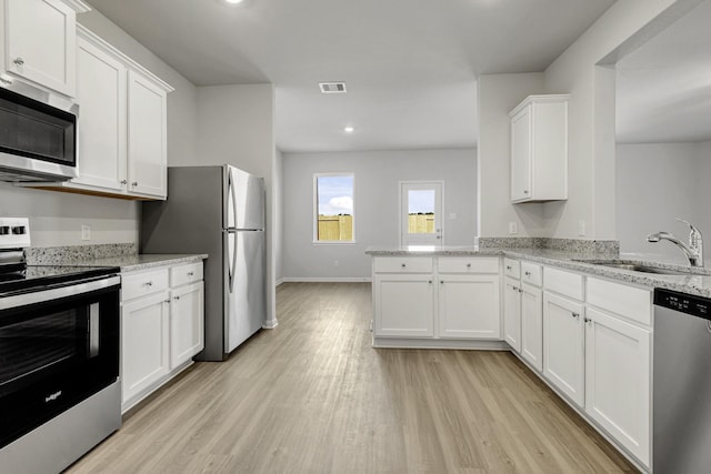 kitchen featuring appliances with stainless steel finishes, white cabinetry, sink, kitchen peninsula, and light stone countertops