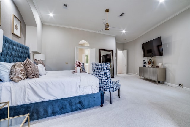 bedroom featuring crown molding and light colored carpet