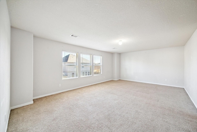 spare room featuring light colored carpet and a textured ceiling