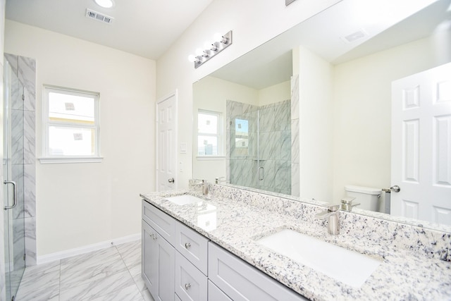 bathroom with a healthy amount of sunlight, an enclosed shower, vanity, and toilet