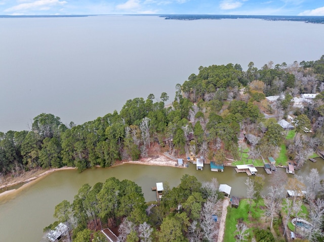 drone / aerial view featuring a water view