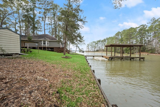 dock area featuring a water view and a lawn