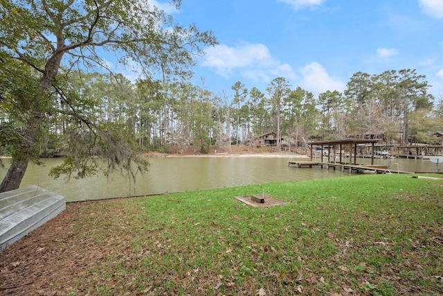 view of dock featuring a water view and a lawn