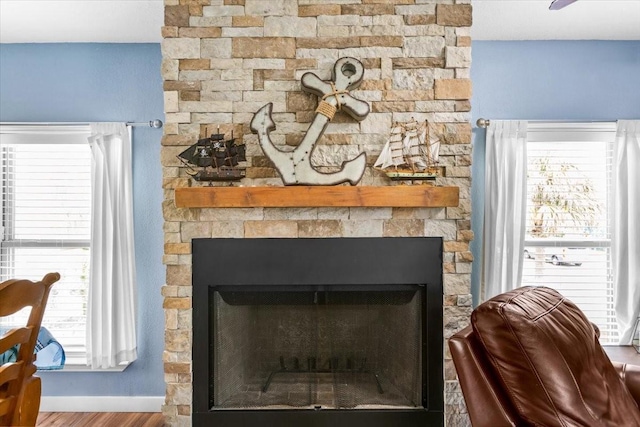 details with hardwood / wood-style flooring and a fireplace