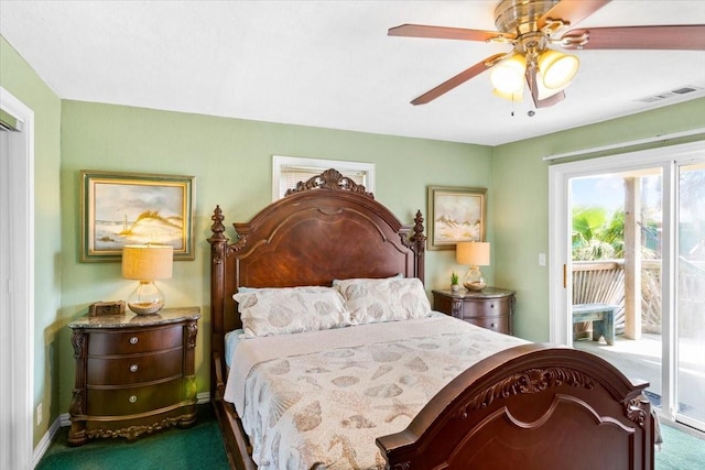 carpeted bedroom with access to exterior and ceiling fan