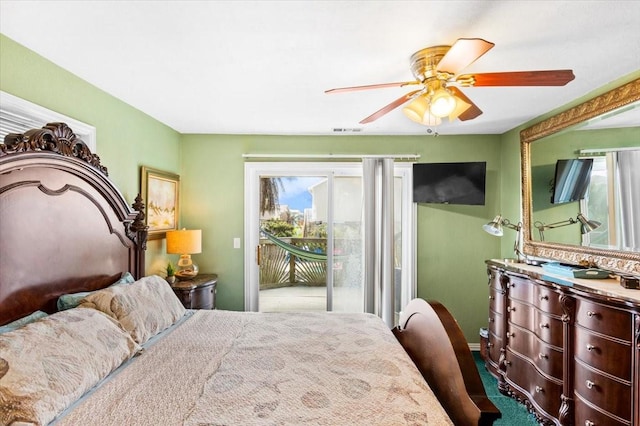 bedroom with carpet, access to outside, and ceiling fan