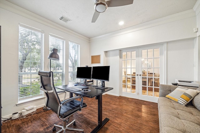 office area with ornamental molding, dark wood-type flooring, ceiling fan, and french doors