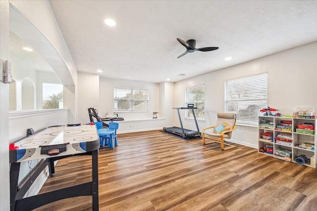 exercise room featuring wood-type flooring, plenty of natural light, and ceiling fan