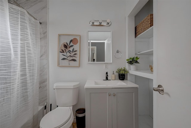 full bathroom with vanity, toilet, and shower / bath combo with shower curtain