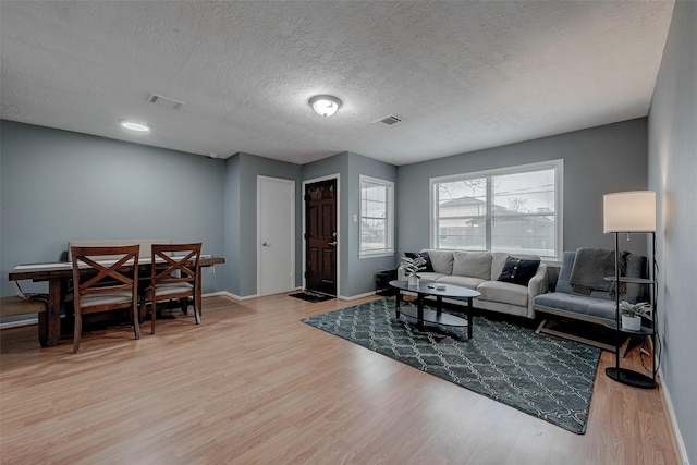 living room with a textured ceiling and light wood-type flooring